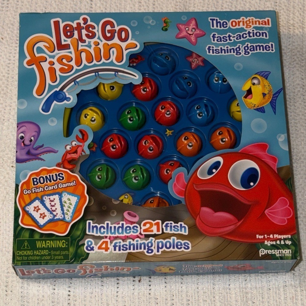 Pressman Let's Go Fishin' Game with Bonus Go Fish Card Game 21 Fish 4 Poles NEW